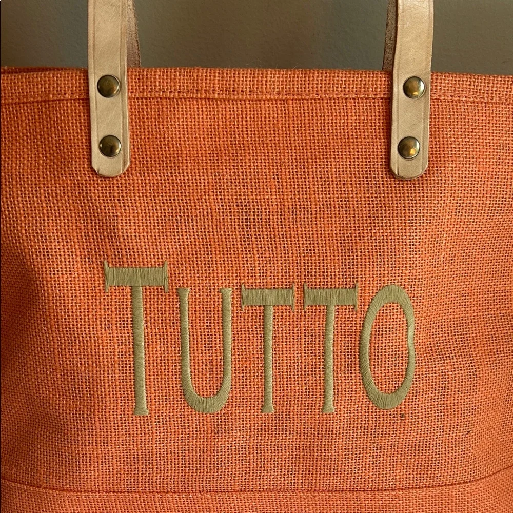 NWOT Ballard Jute Tote Bag in Orange with ‘Tutto’ Embroidered Design - Picture 2 of 8